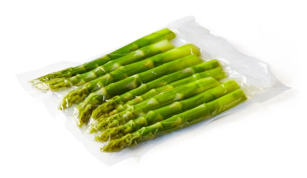 Fresh Asparagus Vacuum Sealed Rady Sous Vide Cooking Isolated White — Stock Photo, Image