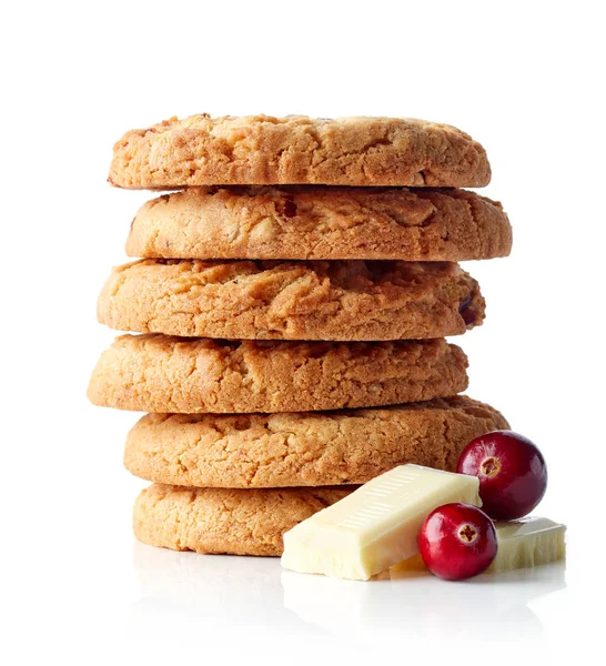 Montón Galletas Frescas Con Chocolate Blanco Arándanos Aisladas Sobre Fondo — Foto de Stock