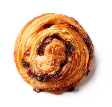 Beyaz arka plan üzerinde üstten görünüm izole üzümlü taze pişmiş tatlı çörek