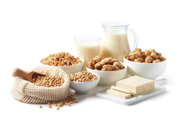 Sojaprodukte Sojabohnen Sojamilch Tofu Und Sojastücke Isoliert Auf Weißem Hintergrund — Stockfoto