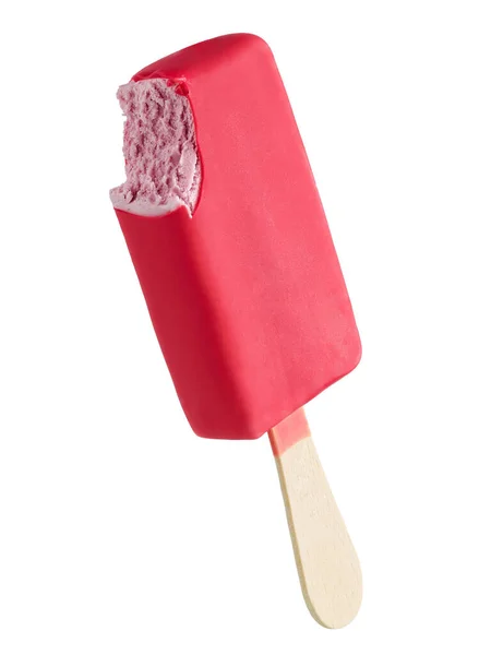Bitten Pink Ice Cream Bar Strawberry Taste Stick Isolated White — Stock Photo, Image