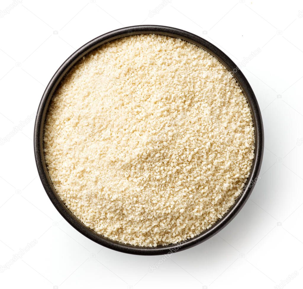 Bowl of breadcrumbs isolted on white, from above