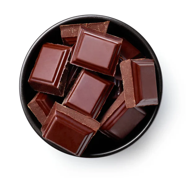 Tigela Preta Chocolate Escuro Isolado Fundo Branco Vista Superior — Fotografia de Stock