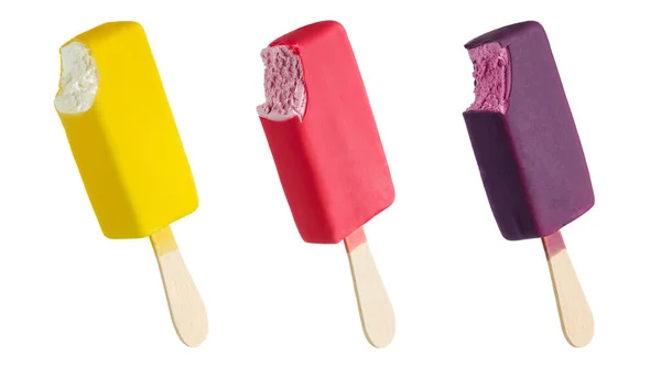 Bitten Yellow Pink Purple Ice Cream Bars Stick Isolated White — Stock Photo, Image