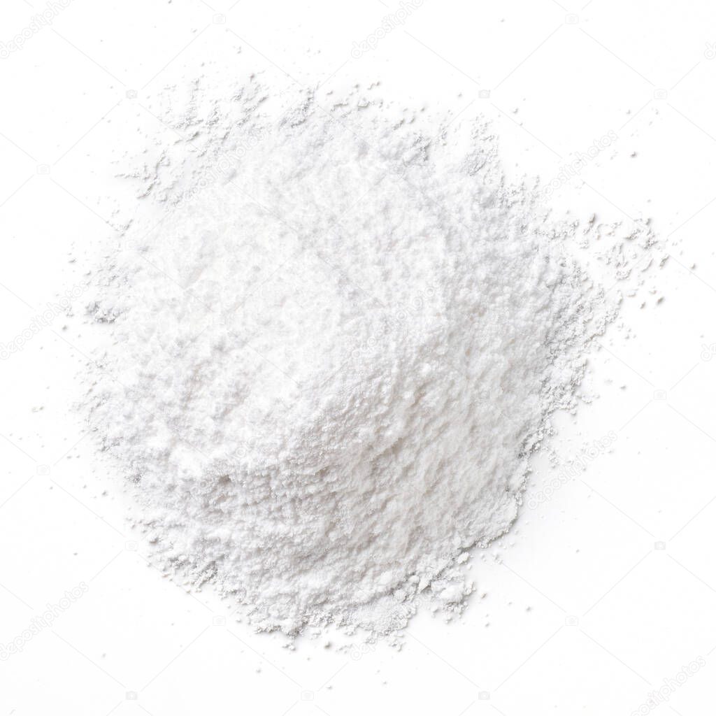 White bowl of baking powder isolated on white background, top view