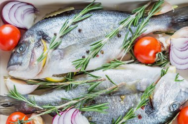 Taze çiğ balık Dorado limon, biberiye ve baharat Pişirme tepsisi, yakın çekim.