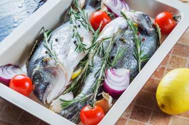 Taze çiğ balık Dorado limon, biberiye ve baharat Pişirme tepsisi içinde.