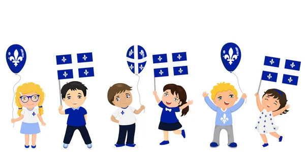 Quebec Děti Vlajkami Balónky Grafický Design Dovolené Quebec — Stockový vektor