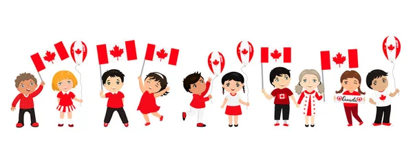 Kanadyjskich Dzieci Flagami Balony Projekt Graficzny Kanady Święta — Wektor stockowy