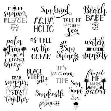 Yaz tatil ve tatil elle çizilmiş hat ayarlayın. teklif, ifadeler ve kelimeler.
