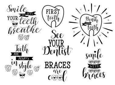 Teeth, oral care, dentists and orthodontics set. Lettering. Dental care motivational quote poster. clipart