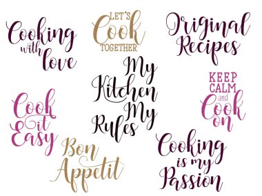 Yazı yemek ayarla. tebrik kartları, dekorasyon, baskılar ve posterler. Tipografi tasarım öğeleri el çekilmiş.