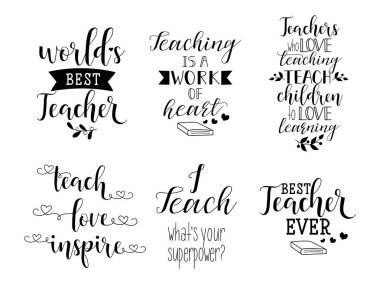 El yazı tebrik kartları, dekorasyon, baskılar ve posterler için öğretmen hakkında yazılı kümesi. Tipografi tasarım öğeleri el çekilmiş.