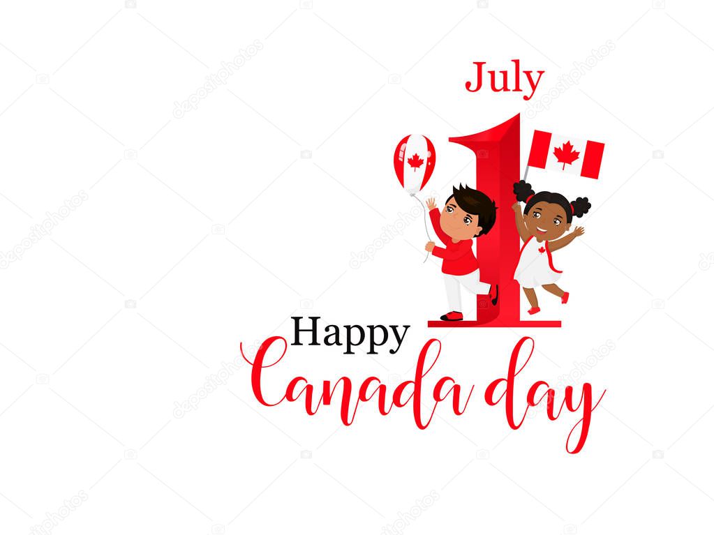 Happy Canada Day poster. 1st july. Vector illustration greeting card. kids logo. Children of different races and different hairstyles celebrate Canada day