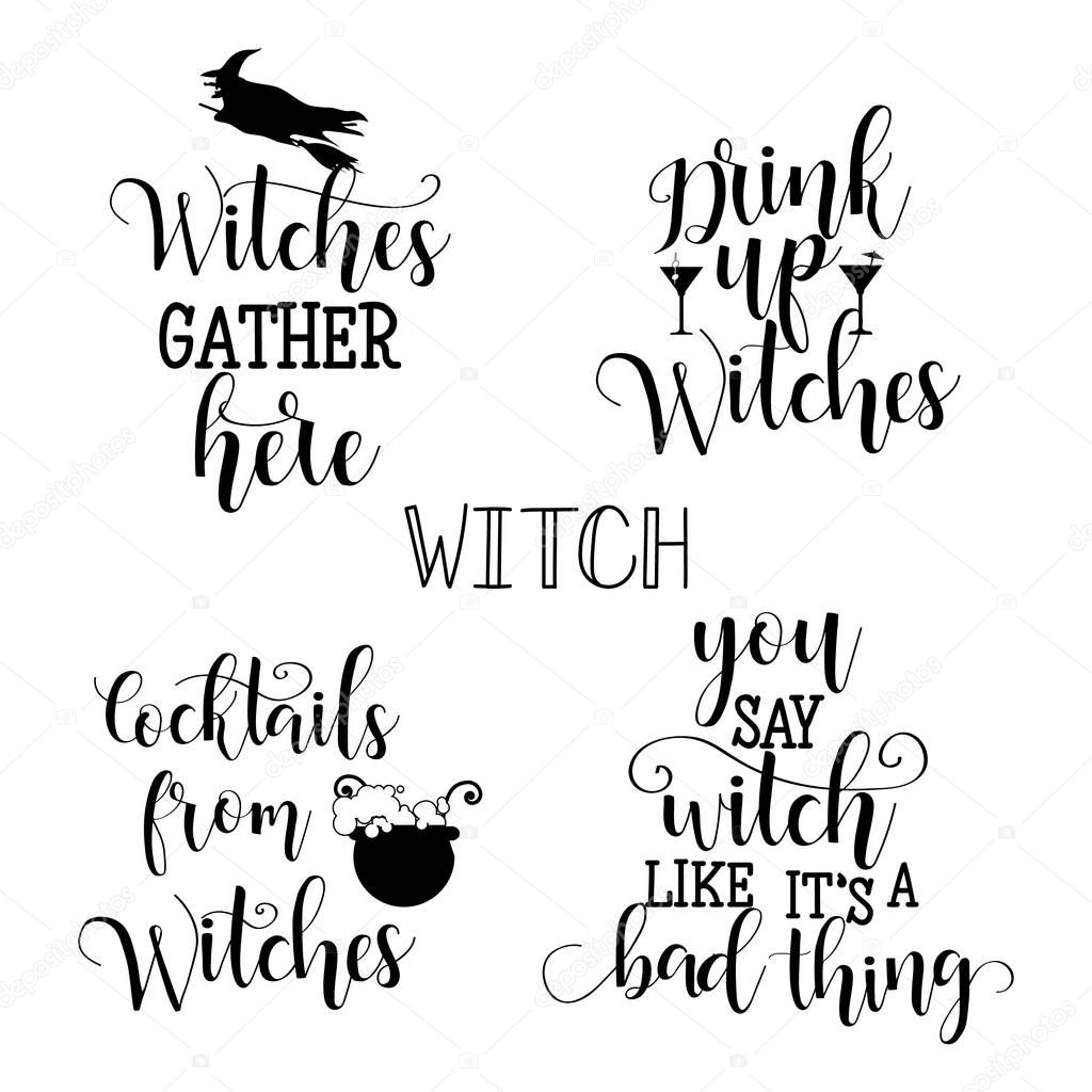 Set of 5 halloween witch party hand lettering. For greeting cards, decoration, prints and posters. Hand drawn typography design elements.
