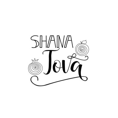 Shana Tova. Nar ve elma ile yazı. Yahudi yeni yılı. Kartpostal veya davetiye kartı, afiş poster şablonu. Beyaz arka plan üzerinde izole.