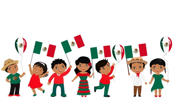 Meksika bayrakları tutan çocuk. Vektör çizim. Modern tasarım şablonu — Stok Vektör
