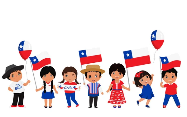 Şili Bayrakları Tutan Çocuk Tebrik Kartı Reklam Promosyon Afiş Ilanı — Stok Vektör