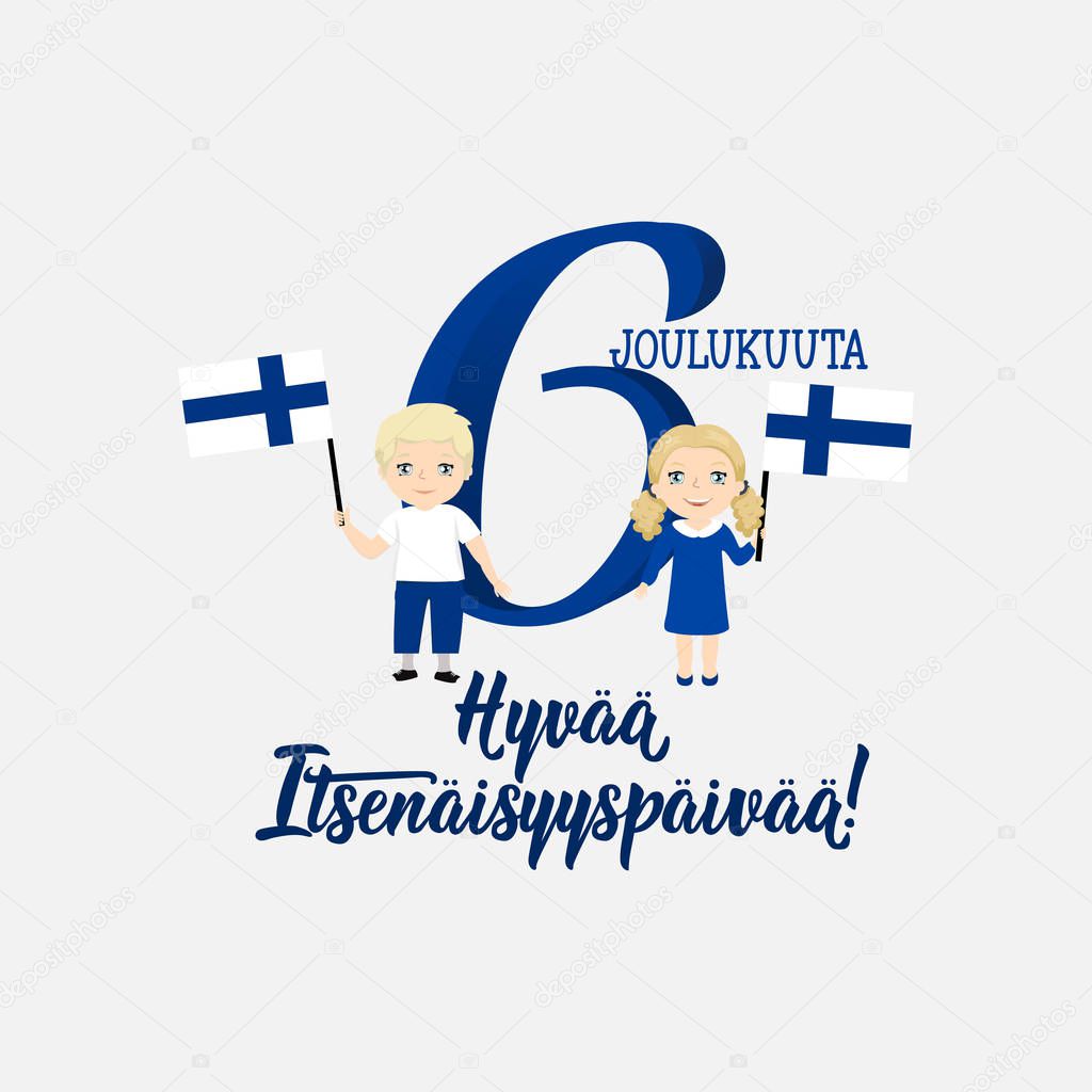 Finland Independence Day greeting card. Translation from Finnish: December 6, Happy Independence Day. kids logo
