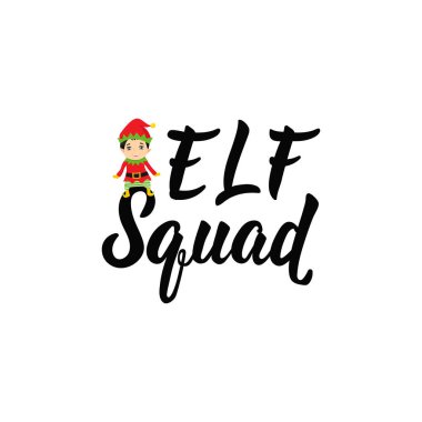 Elf kadrosu. Yazı. El vektör çizim çekilmiş. el ilanı, afiş, t-shirt ve posterler için öğe kış tatil tasarım. Modern hat. Komik Noel metin