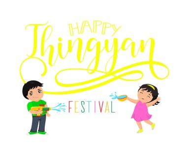 Vektör çizim Thingyan Festivali. Myanmar su Festivali dilek. Yeni Yılınız Kutlu Olsun. Erkek ve kız su keyfini çıkarın.