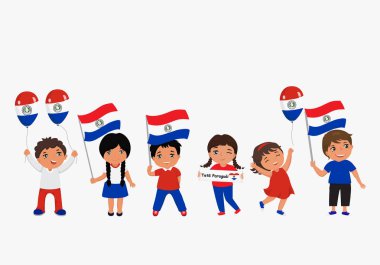 Paraguay bayrakları tutan çocuklar. Tebrik kartı, reklam, promosyon, poster, afiş, blog, makale, sosyal medya için modern tasarım şablonu vektör illüstrasyon