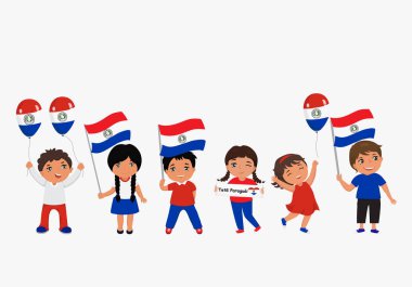 children holding Paraguay flags. Modern design template for greeting card, ad, promotion, poster, flyer, blog, article, social media Vector illustration clipart