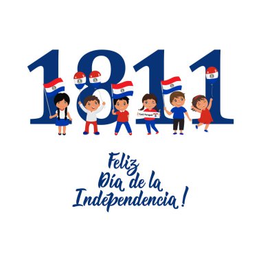 Paraguay Independence day greeting card. text in Spanish: Happy Independence day. May 14th and 15th. kids logo clipart