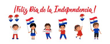 Paraguay bağımsızlık günü tebrik kartı. Ispanyolca metin: mutlu bağımsızlık günü. 14 ve 15 Mayıs. Çocuk logosu