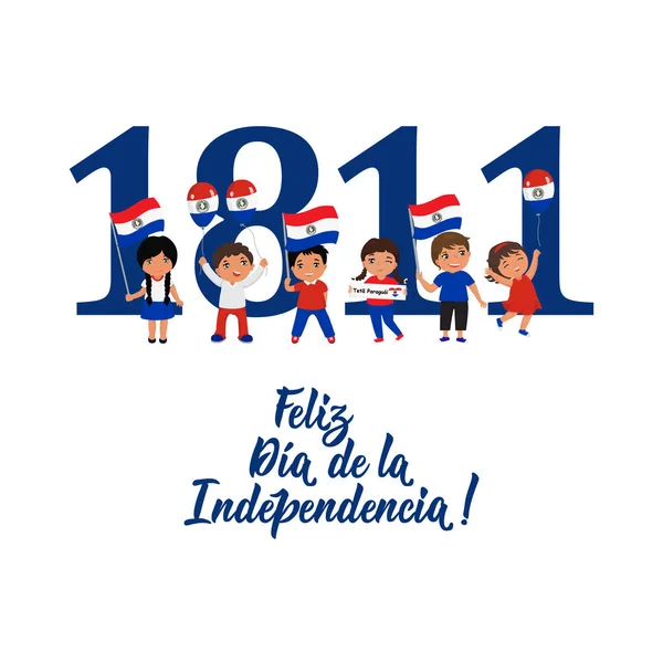 Paraguay Tarjeta de felicitación del día de la independencia. texto en español: Feliz Día de la Independencia. 14 y 15 de mayo. logo niños — Archivo Imágenes Vectoriales