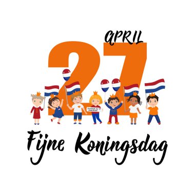Felemenkçe metin: Happy King 's Day, 27 Nisan. Yazı. Vektör. Broşürler, afiş ve poster için öğe. Çocuk logosu