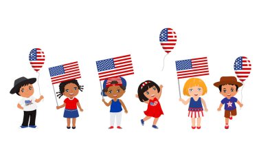 Abd bayrakları ve balonlar tutan çocuklar. Vektör illüstrasyon. Modern tasarım şablonu
