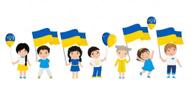 Ukrayna bayrakları ve balonlar tutan çocuklar. Tebrik kartı için modern tasarım şablonu. Vektör çizimi