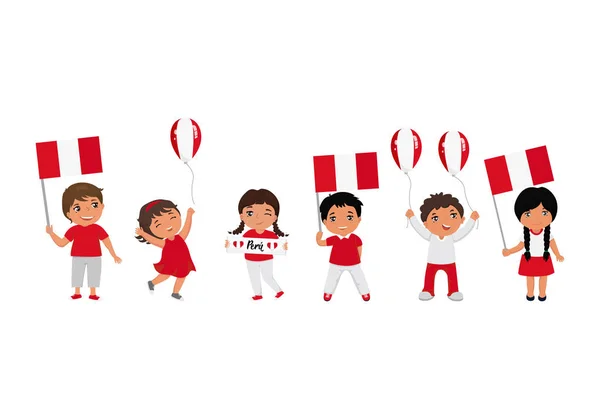 Niños portando banderas de Perú. Ilustración vectorial. plantilla de diseño moderno — Vector de stock