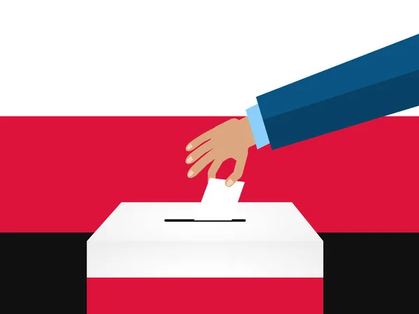 Concepto de elección de Polonia. Poner papel de votación a mano en las urnas. Ilustración vectorial . — Vector de stock