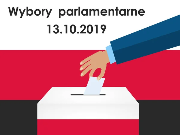 Concepto de Polonia Elecciones 2019. Poner papel de votación a mano en las urnas. Ilustración vectorial Estilo plano Polonia texto: Elecciones parlamentarias, 13.10.2019 — Vector de stock