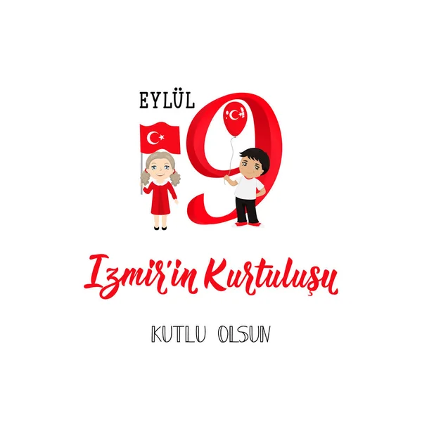 Turkse feestdag 9 EYLUL Izmir'in Kurtulusu, vertaling: 9 september, redding van Izmir, Happy Holiday. Republiek Turkije nationale wenskaart — Stockvector