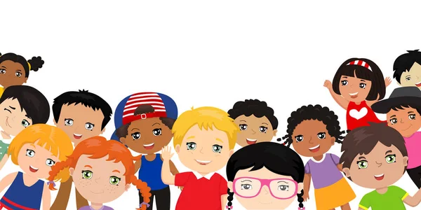Группа Мультикультурных Счастливых Детей Машет Перед Камерой Детская Панорама Вашего — стоковый вектор
