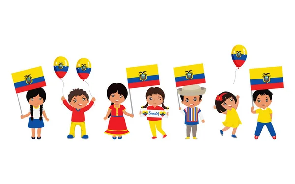 Children Holding Ecuadorian Flags Modern Design Template Greeting Card Promotion — Stock Vector