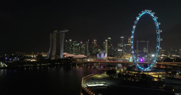 Ночной Сингапур колесо обозрения и река — стоковое видео