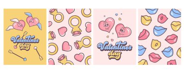 Sevgililer Günün kutlu olsun. Sevgililer Günü geçmişleri. Çizgi film komedyenleri, öpüşen dudaklar, elmas yüzükler, aşk oku. 70 'lerin çizgi film tarzında eski sevgililer günü kartları. Vektör