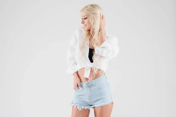 Portrait Young Slender Female Model Summer Clothes Shorts Shirt White — Stock Photo, Image