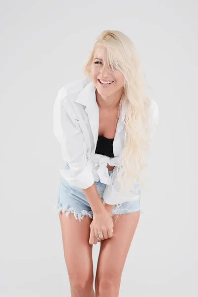 Portrait Young Slender Female Model Summer Clothes Shorts Shirt White — Stock Photo, Image