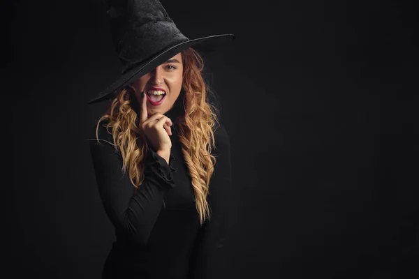 Retrato Bruja Sexy Halloween Hermosa Mujer Joven Sombrero Brujas Con — Foto de Stock