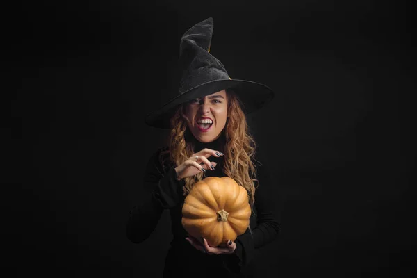 Strega Halloween Con Zucca Bella Giovane Donna Costume Strega Decorazione — Foto Stock