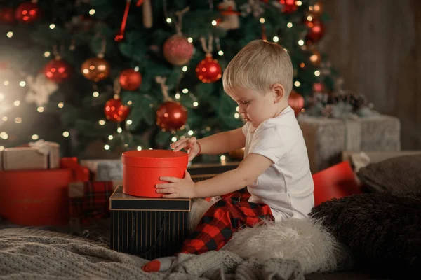 Happy Little Smiling Boy Red Pajamas Christmas Gift Box Living — Stock Photo, Image