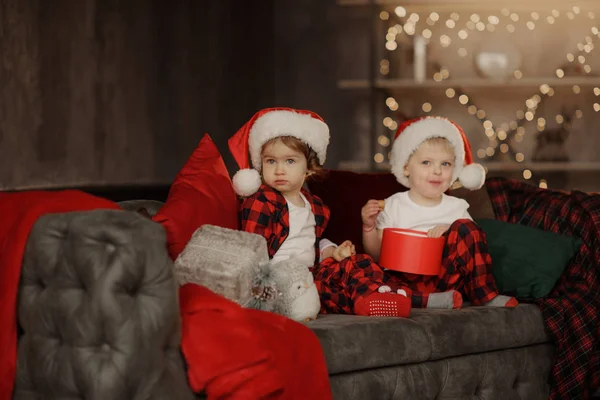 Little Cute Kids Brother Sister Wearing Santa Claus Hats Sitting — Stock Photo, Image