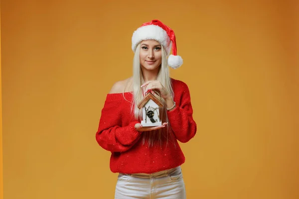 Real estate. A woman in Santa\'s red Christmas hat is holding a house model on one hand, for a second cash. Young realtor offers to buy a house