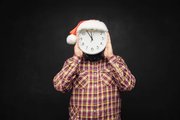 Christmas Men Clock Portrait Surprised Young Man Wearing Red Santa — Stock Photo, Image