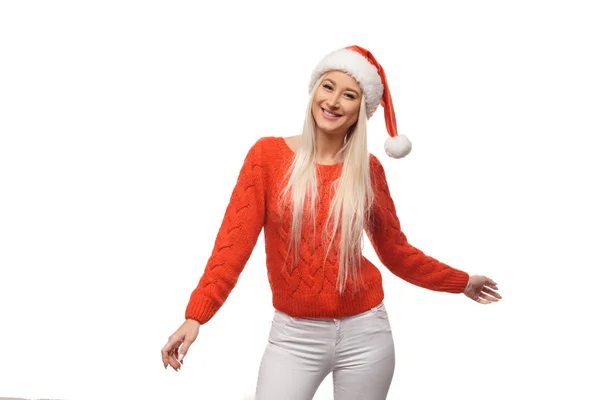 Ung Kvinna Christmas Santa Hatt Och Leende Isolerad Vit Bakgrund — Stockfoto